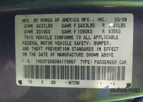 2008 Honda Accord 2.4 Ex-L из США, поврежденный, VIN 1HGCP26808A115867